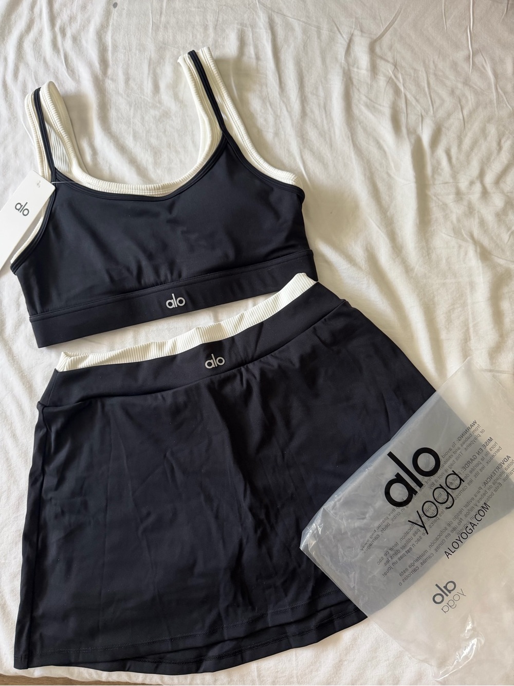 ALO Yoga Black Sports Bra and Skort with White Trim